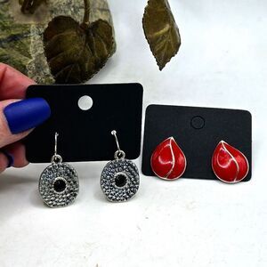"5/$25" 2 Pairs 80's Style Earrings Black Silver Tone Dangle/Red Enamel Post